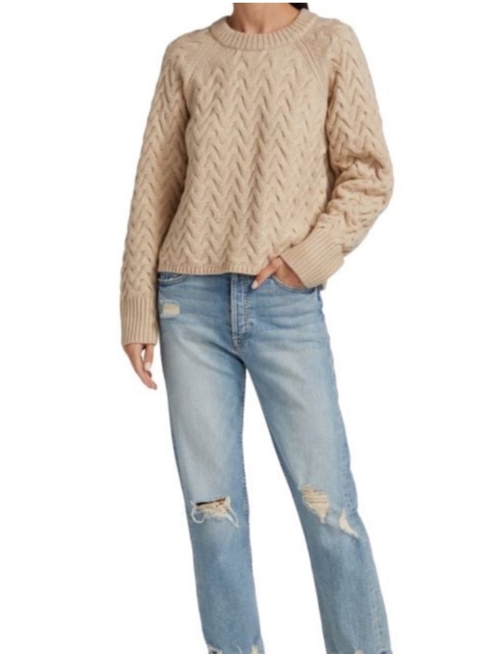 DH NEW YORK Beige Crew Chevron Pullover Sweater Quiet Luxury New England Preppy
